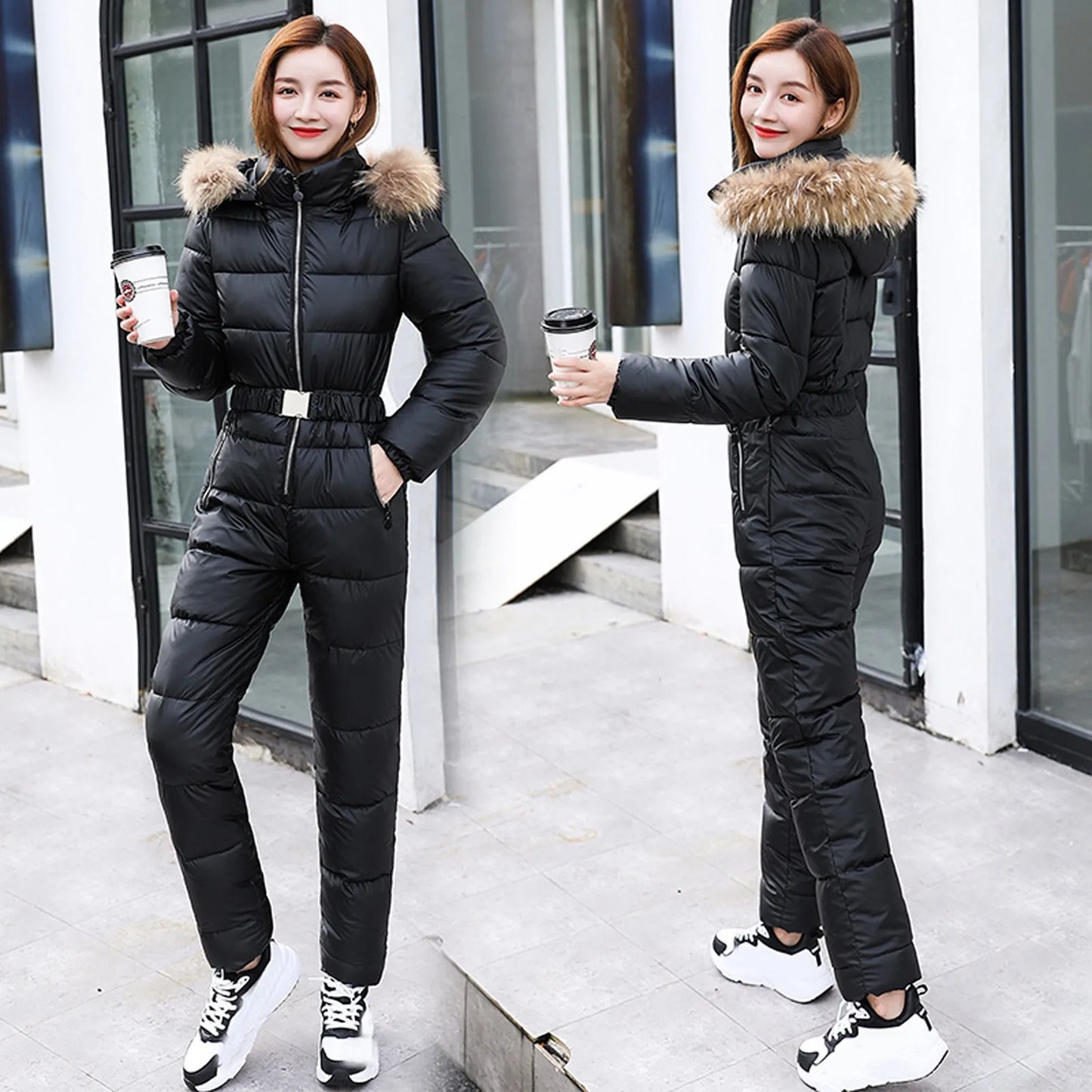 One Piece Outfit Ski Suit Winter Jumpsuit Parka Hooded Cotton Bodysuit Zipper
