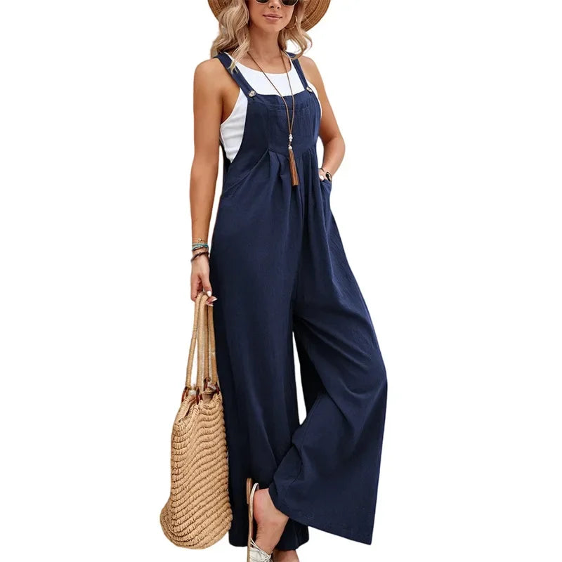 Women's jumpsuit with wide legs, long pants, high waist, casual pocket, street wear