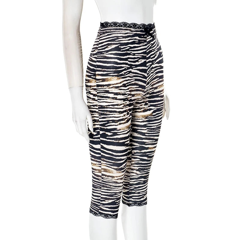 Lace Edge Bow Decoration Leopard Print Slim Seven Pants Summer