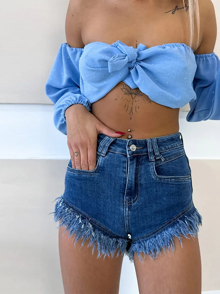 Denim Shorts Pants Low Rise Slim Lady Crop jeans Distressed Chic Casual Short Trousers