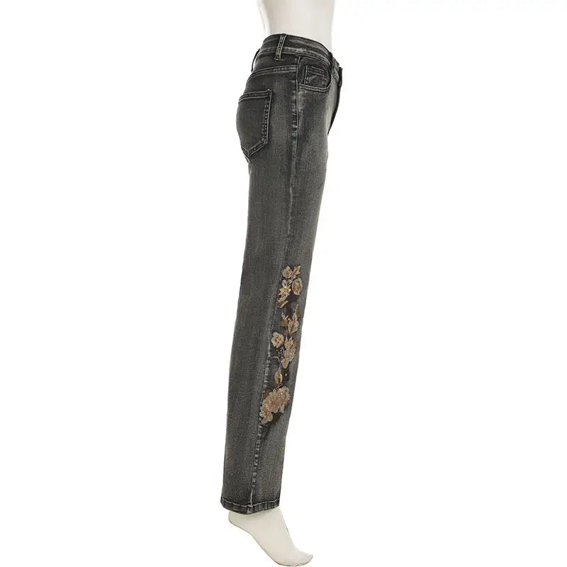 Beaded Embroidered Micro Slim Flare Jeans Street Y2k