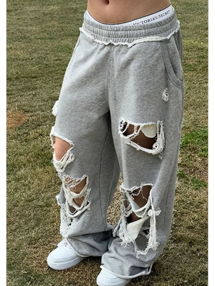 Distressed Gray Baggy Joggers Women Hip Hop Style Grunge Wide Leg Holes Sweatpants