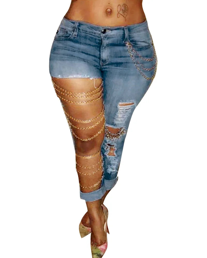 Pencil Pants Denim Big Holes Chain Pockets Streetwear