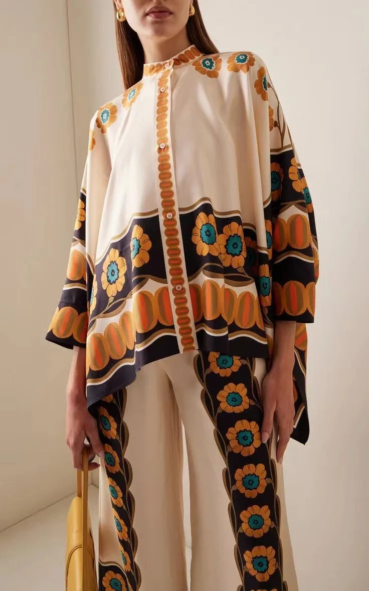 Vintage Print Pants Sets Women Irregular Loose Long Sleeve Shirt Wide Leg Trousers Two Piece Set Female Fashion Trend Streetwear