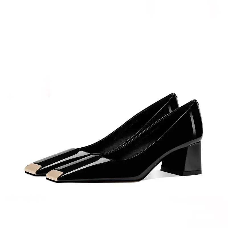 Ladies pumps chunky heels leather square head shallow mouth comfortable