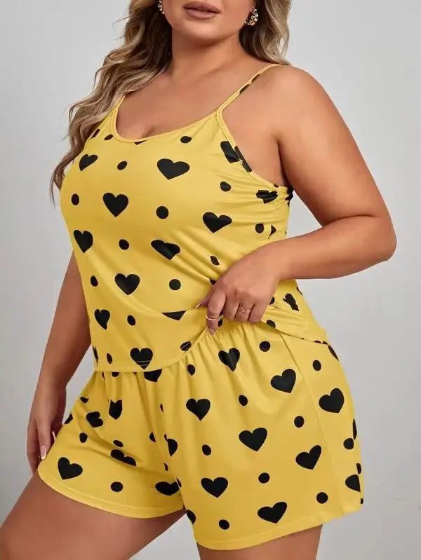 Plus Size Heart Print Women Pajama Set Sleeveless O Neck Crop Top & Elastic Waist Shorts 2 Pieces Female Sleepwear Nightwear