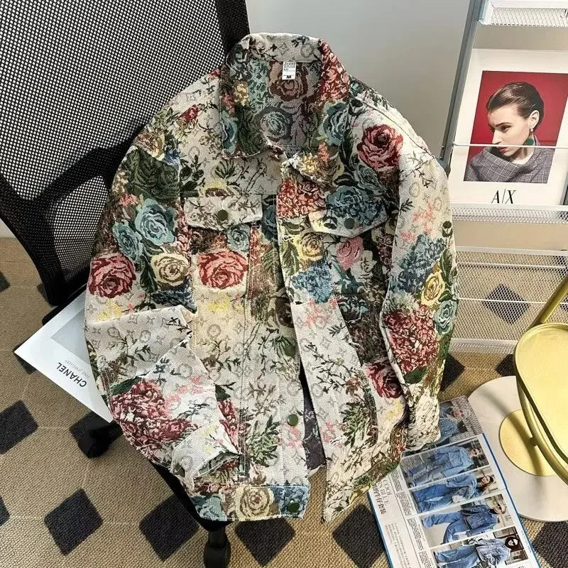 Men's Fashionable Denim Jacket High Quality Cross-Border Style Loose Fit Casual Scene Jacquard Lapel Jacket
