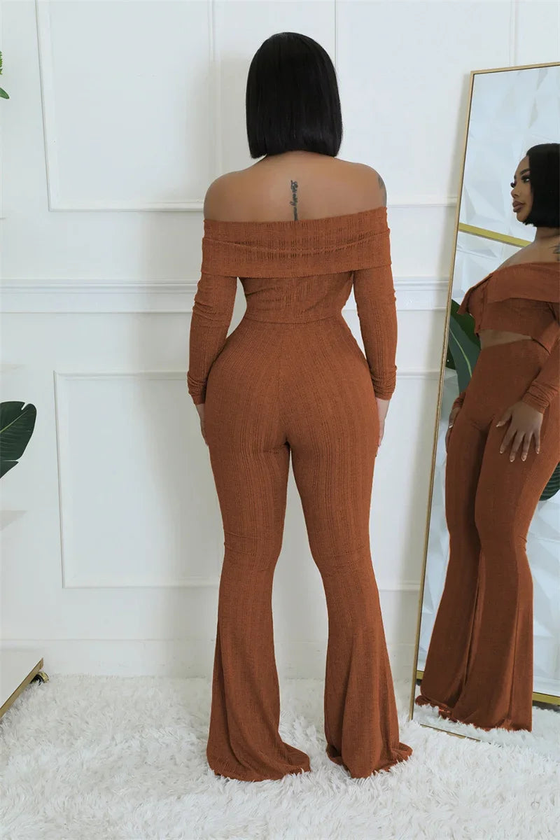 Knitted Two Piece Set Off Shoulder Slash Neck Crop Top and Flare Pants Set