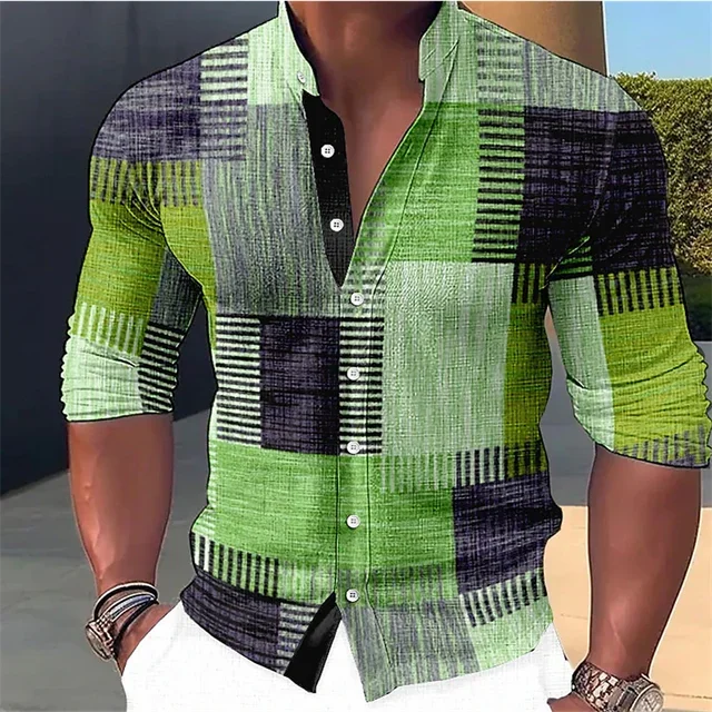 Men's Retro Stitching Shirt Gradient Stand Collar Outdoor Street Long Sleeve Casual