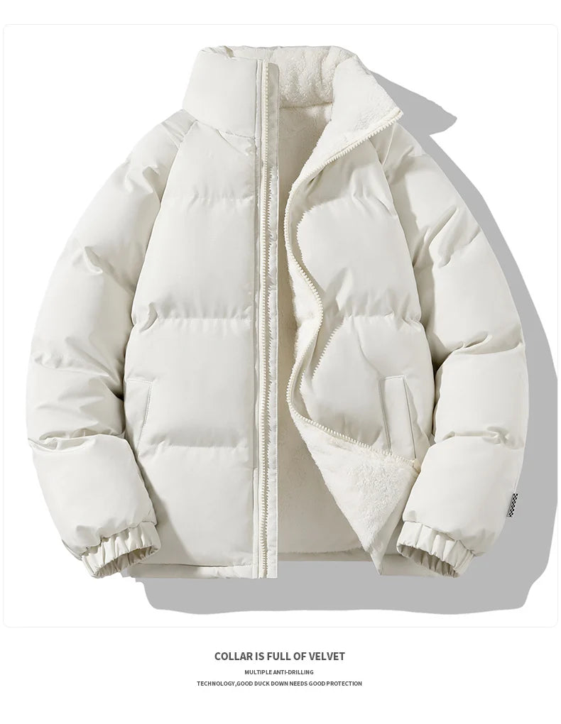 Warm Parka Coat Fleece Inside Male Solid Color Stand Collar Cotton Jacket Men's