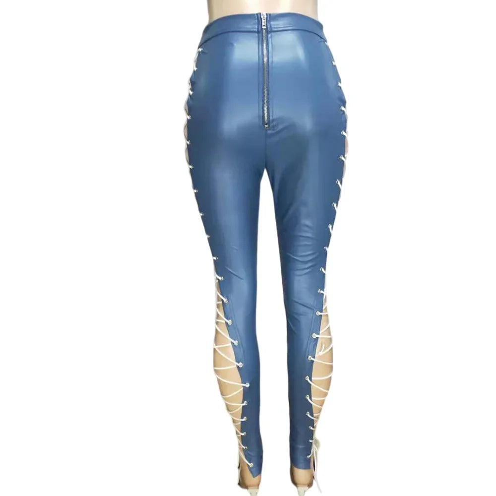Women's Lace Up PU Leather Pants Chic High Waist Hollow Out Drawstring Bandage Cut Out Faux Leather Trousers