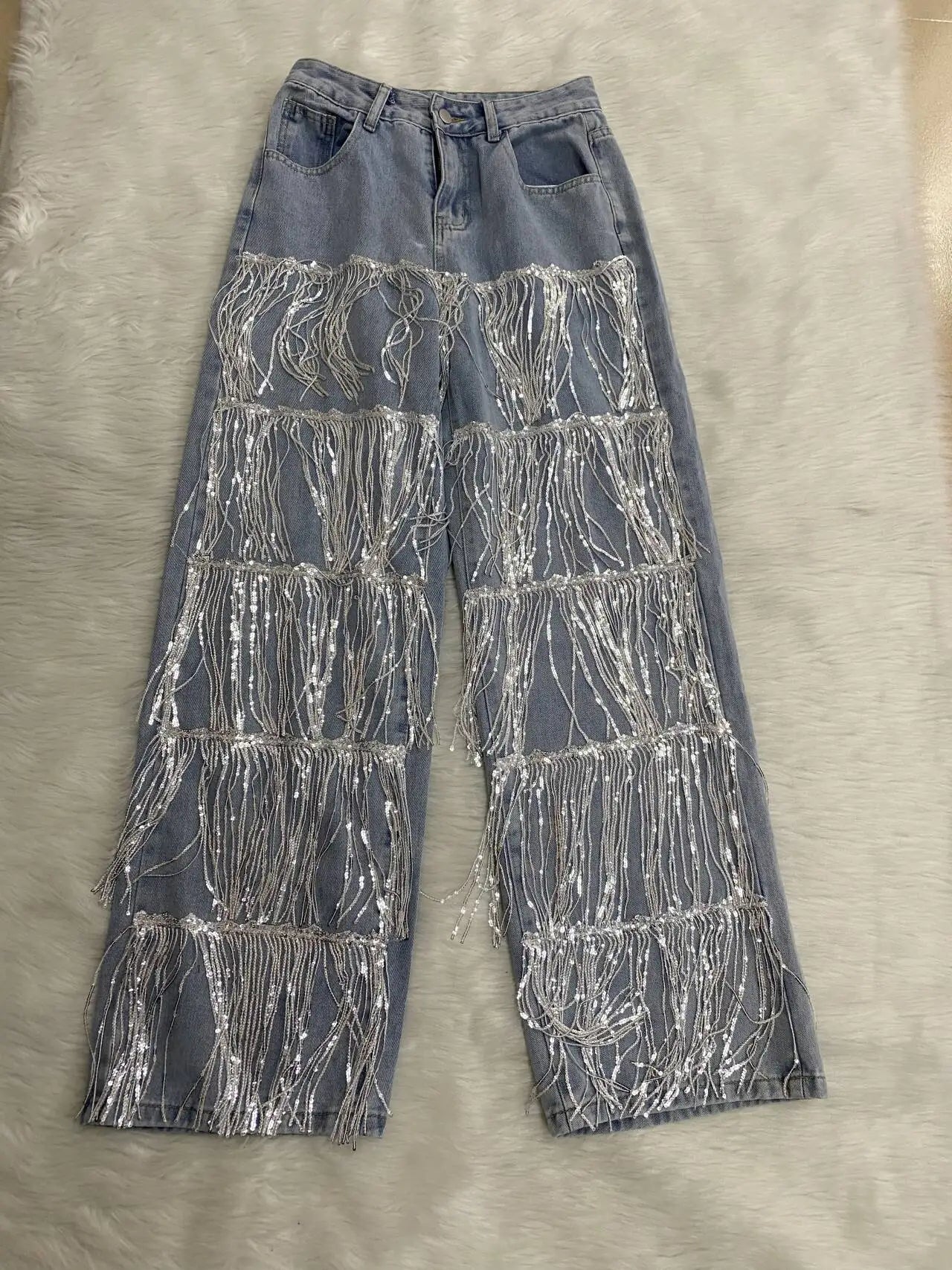 Women Sequins Tassel Wide Leg Blue Denim High Waist Jeans Trousers
