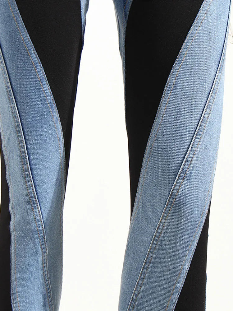 Color Block Women's Jeans Slim Panelled Patchwork High Waist Split Blue Long Denim Pants