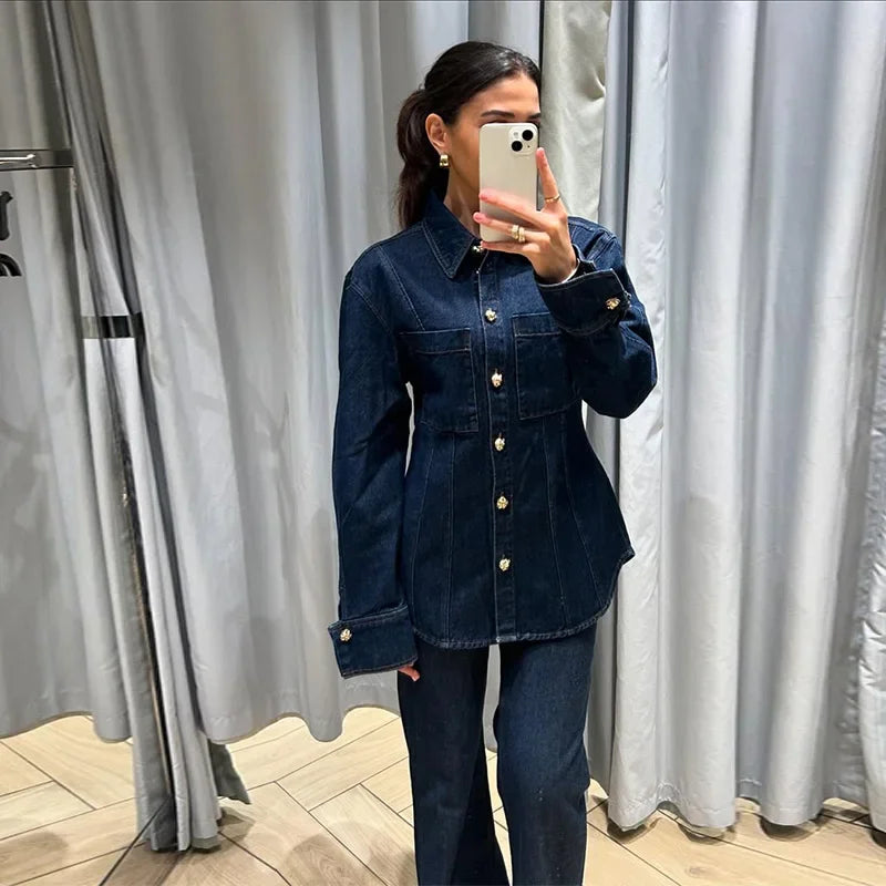 Street Denim Shirt Set Women Lapel Waist Up Long Sleeve Single Breasted Pocket Jacket Lady Jean Outfit set / M set / L pant / L set / M-set / L-pant / L-set / S-pant / S-pant / M-top / M-top / L-top / S-
