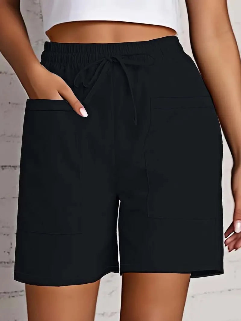 Summer New Women's Solid Color Pocket Loose High Waist Casual Fashion Quarter Shorts