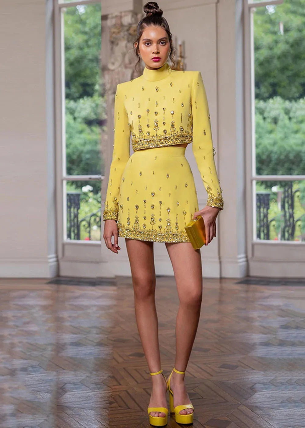 Long Sleeve Short Top and Mini Skirt Suit Outfit, Diamond Beaded Design,High Quality, 2 Pcs Set