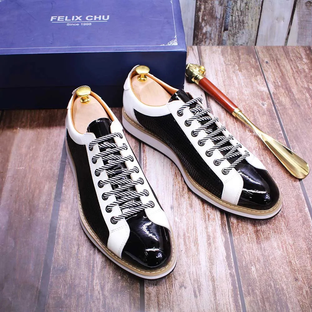 Luxury Brand Large Size Men's Flat Sneakers 6 to 13 Patent Leather Lace-up Black White Casual Shoes for Men