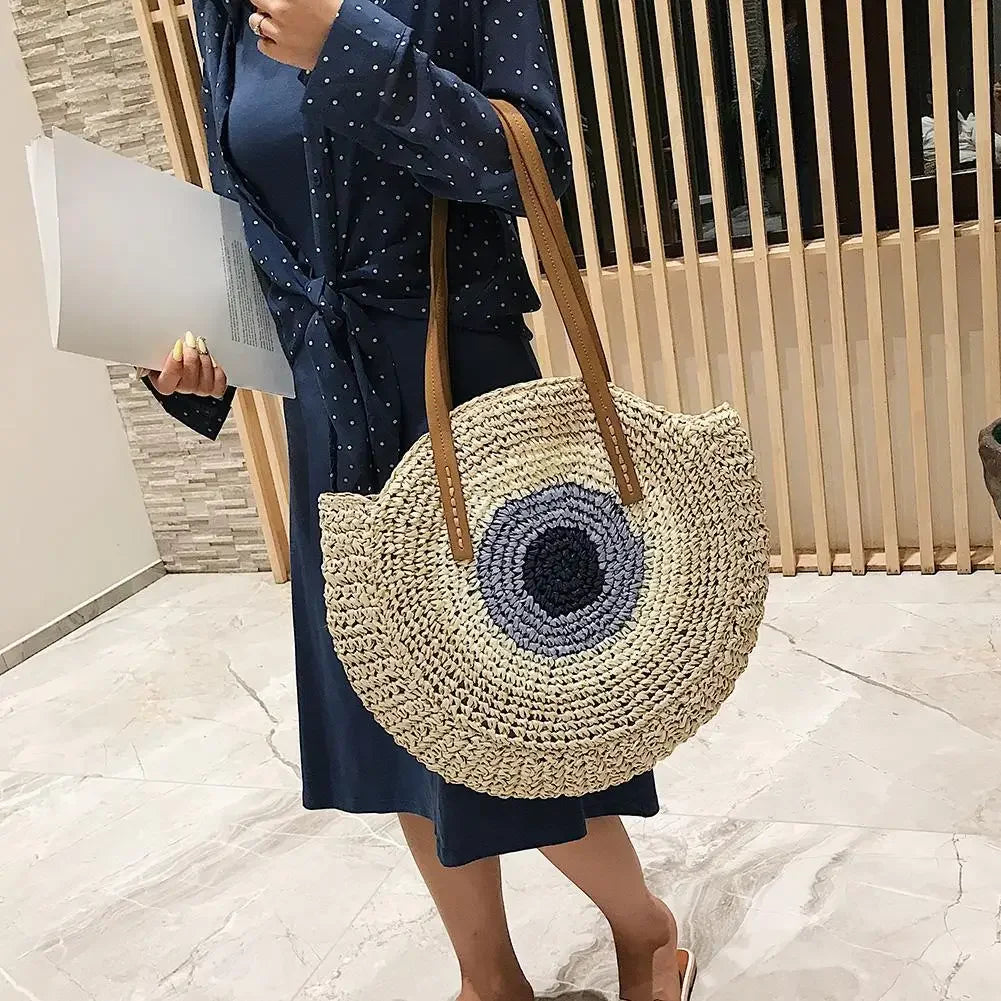 Woven Handbag Round Straw Woven Tote Bag Vacation Shoulder Bag Large Capacity