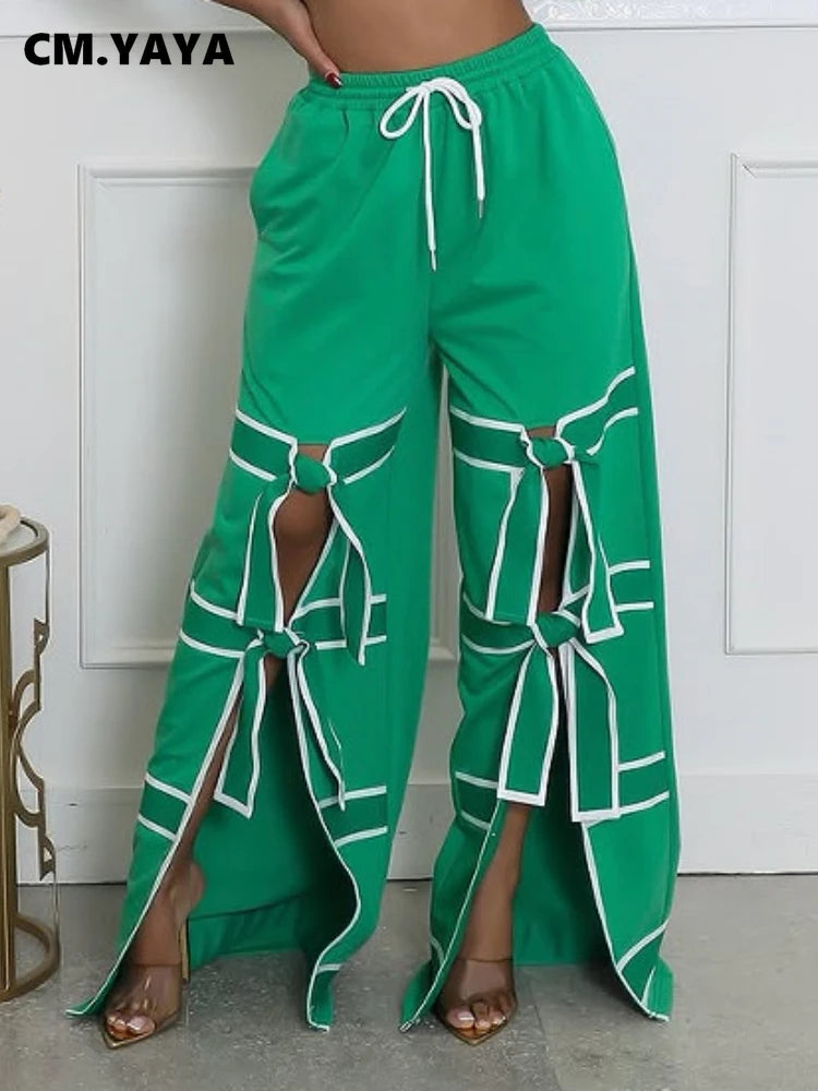 Striped Patchwork Bowknot Split Wide Leg Jogger Trousers