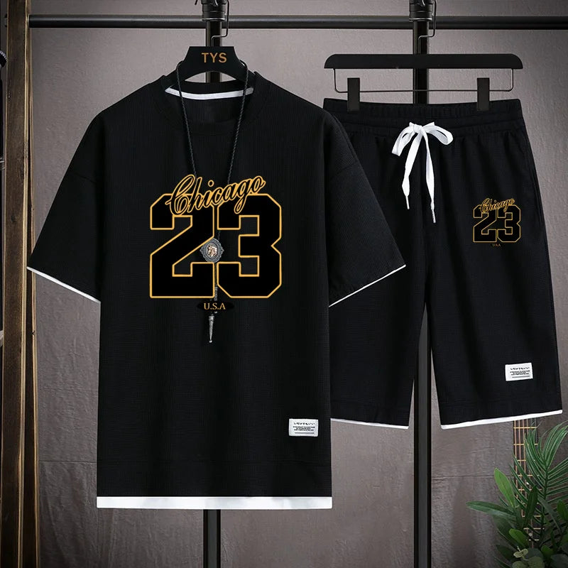High Quality Men's Korea Comfortable and Summer Fashion Print Sports Suit Fitness Jogging Daily Casual Wear Beach Shorts Set