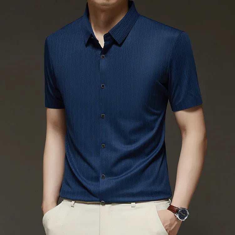 Men's Slim Fit Short Sleeve Dress Shirt Premium Spandex Stretch Fabric Solid Colors Business Casual