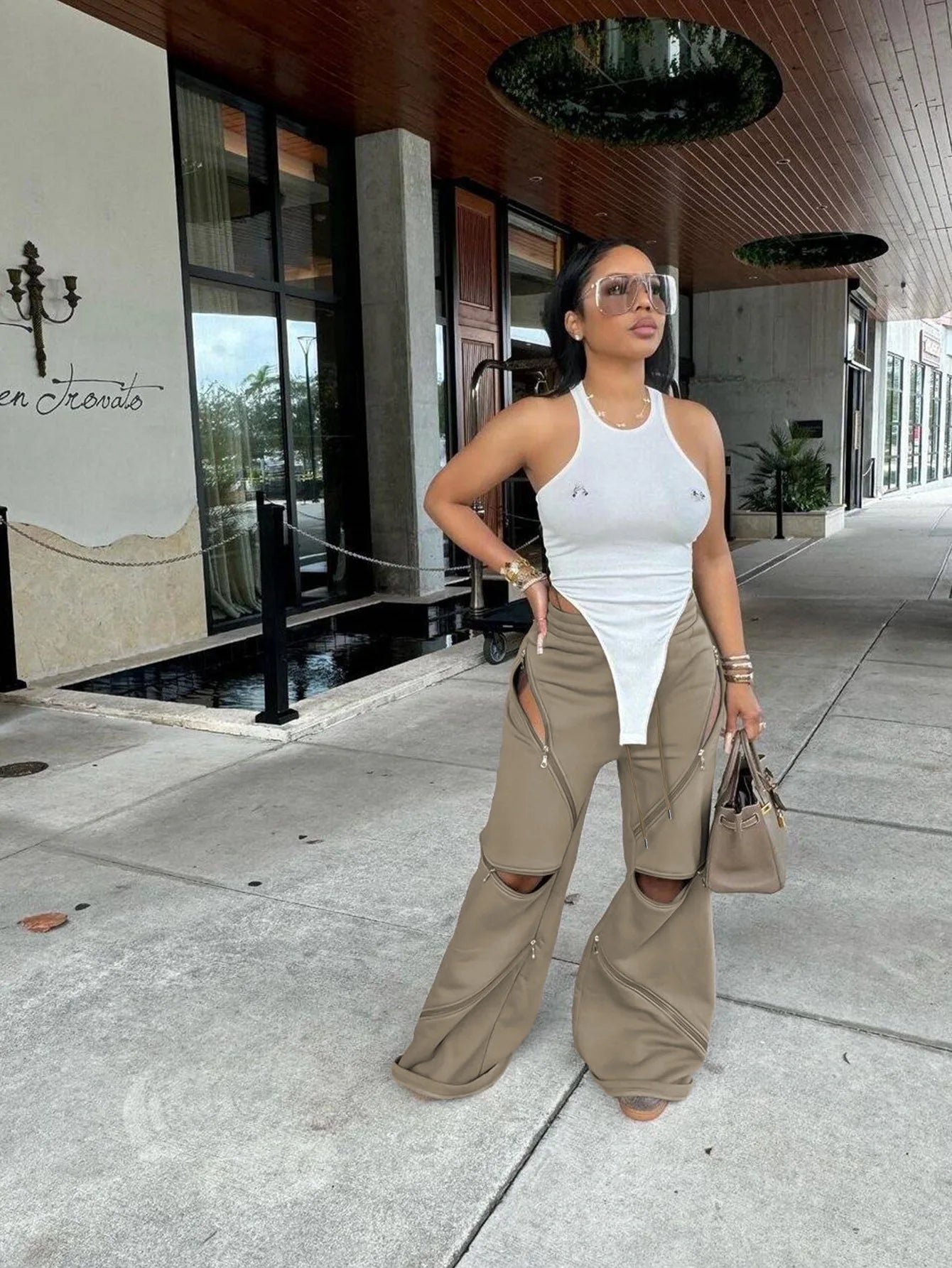 Basic Zipper Adjust Hole Women Wide Leg Loose Joggers Pants Fall Winter Active Loose Sporty Sweatpants