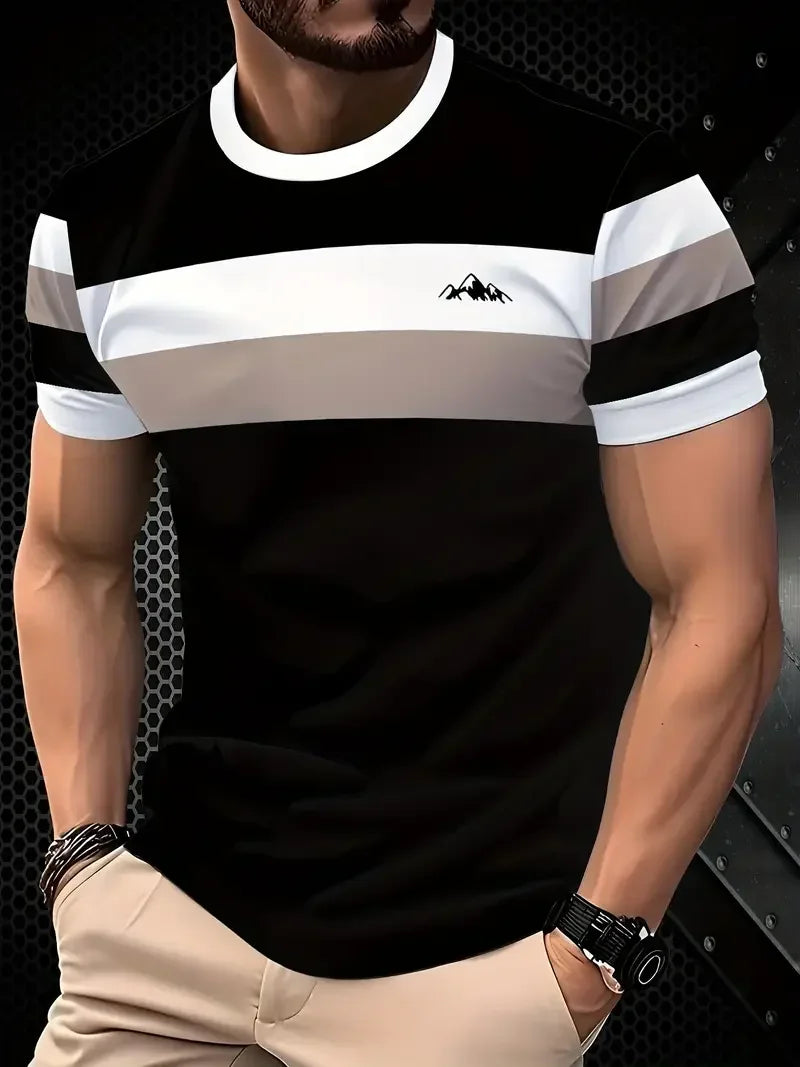 Classic Summer Men's T-shirt Loose Street Stripe Print Short Sleeve Round Neck