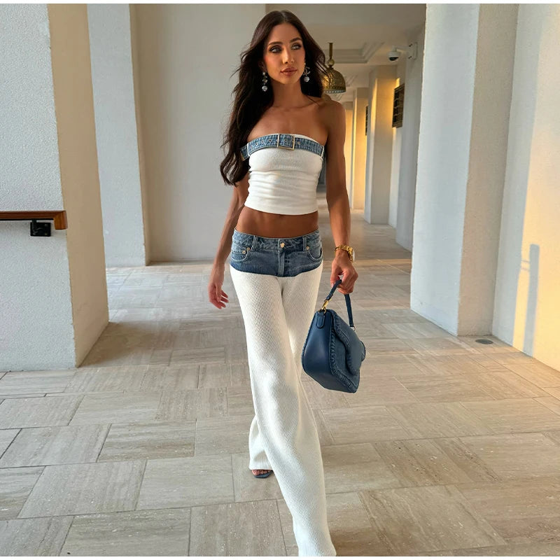 Designer White Knit Denim Suits Set Women's Patchwork Elegant Sleeveless Tops Matching Wide Leg Baggy Pants