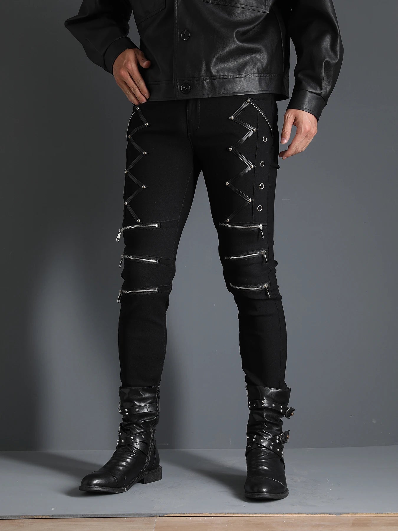 Men's Motorcycle Gothic Steampunk Zippers studded Rivet Elastic Stretchy Denim Jeans Biker Pants