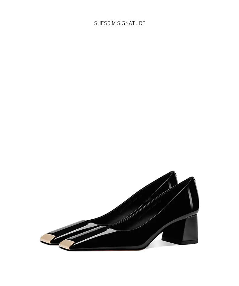Ladies pumps chunky heels leather square head shallow mouth comfortable