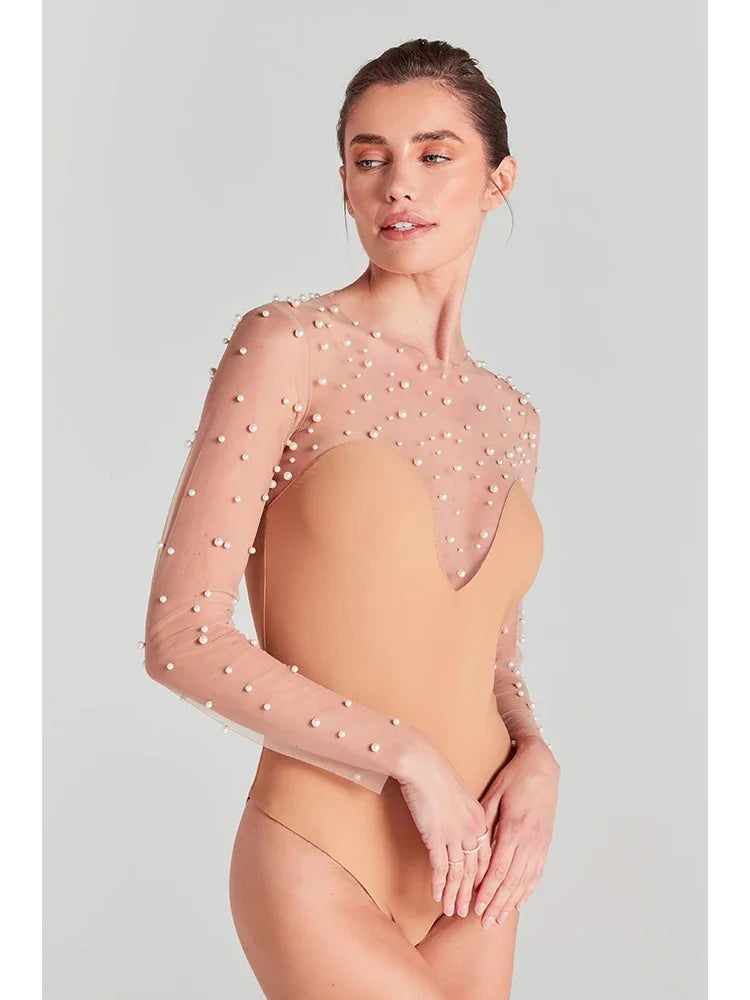 Mesh Pearl Beaded Bodysuits+Strapless Jumpsuit Two piece Sets Women White Jumpsuit Suits Evening