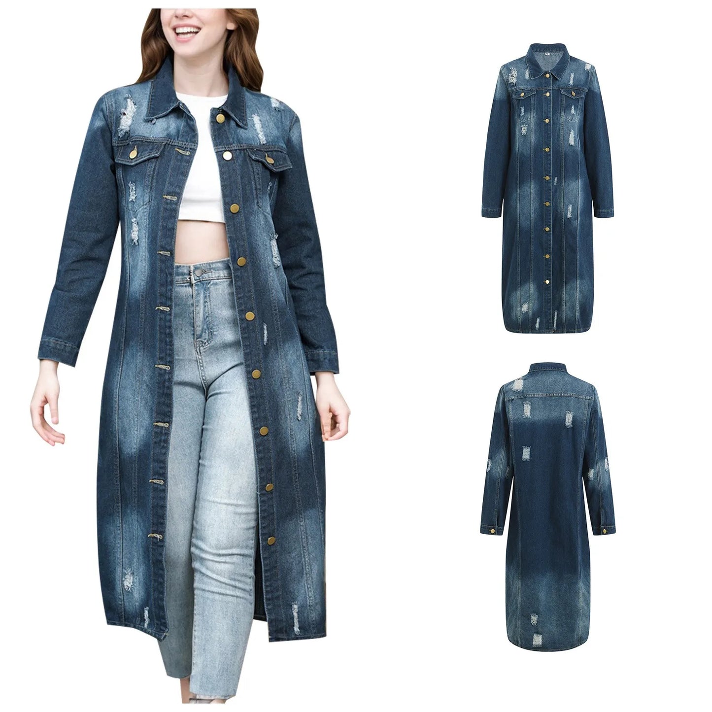 Ripped Holes Maxi Long Denim Jacket Trench Coat Plus Size Casual Denim Jacket