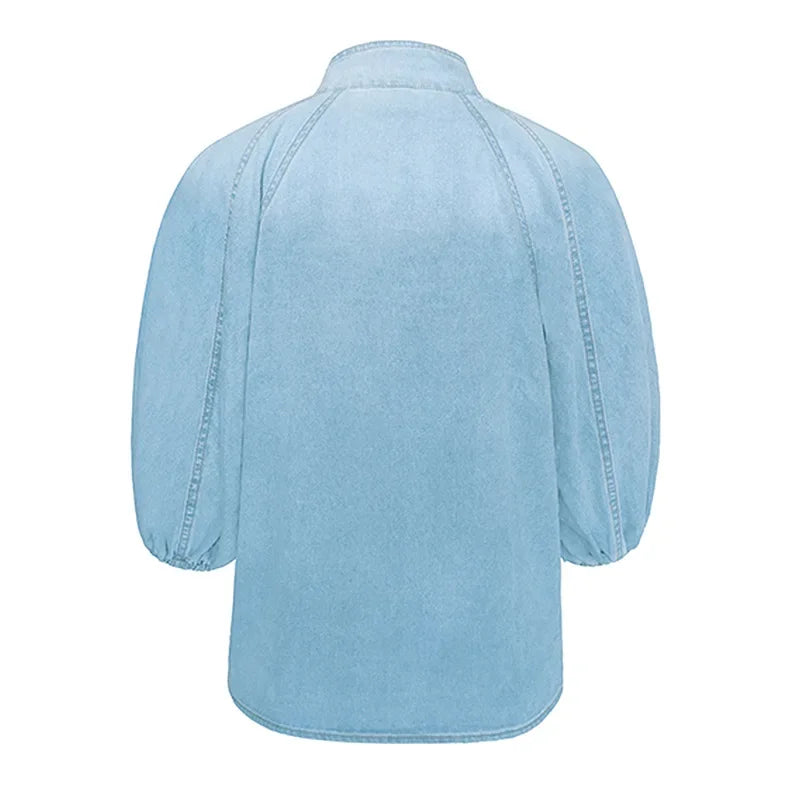 Women Denim Top Turtleneck Splice Puff Sleeve Shirts Loose Solid Pullovers Casual