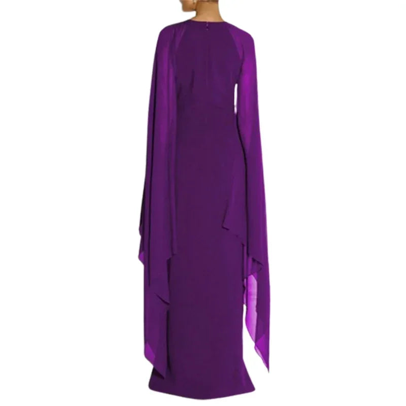 Women Elegant Purple Party Evening Maxi Dress Spring Cape Sleeves Solid Color Side-split Prom Gown