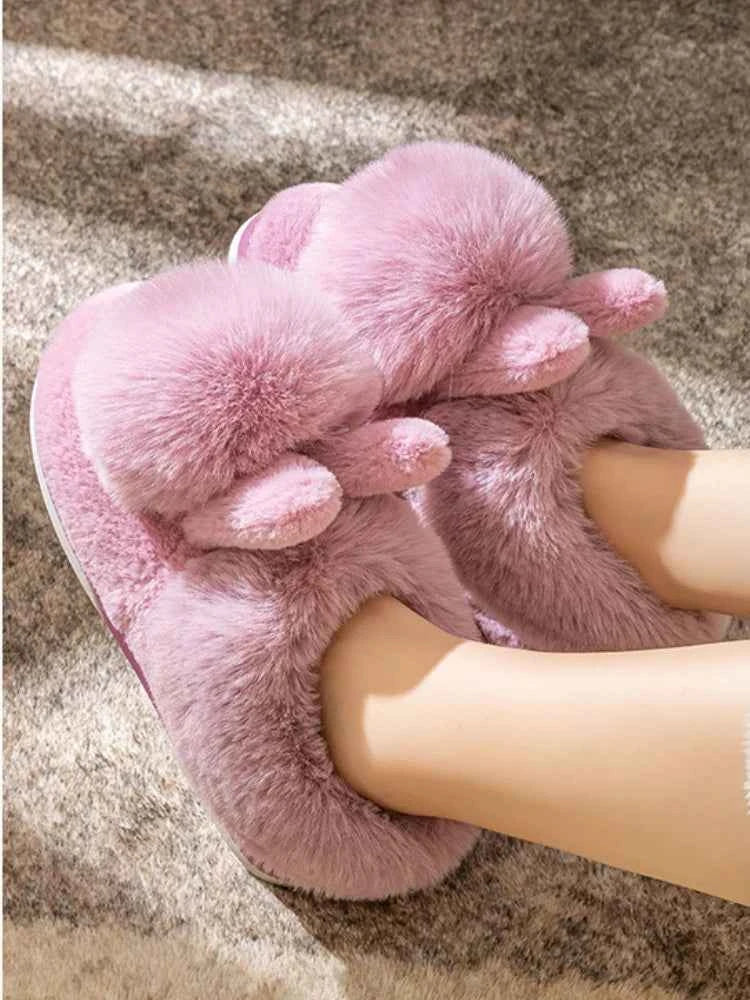 Fluffy Snow Boots Winter Warm Rabbit Ears Thick Bottom Cotton Shoes Anti Slip Solid Color