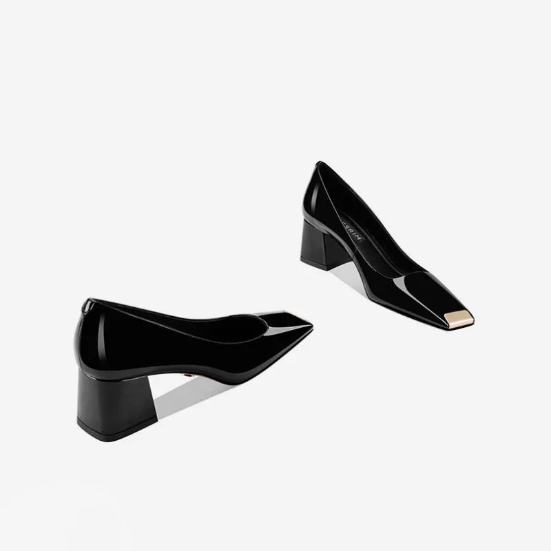 Ladies pumps chunky heels leather square head shallow mouth comfortable