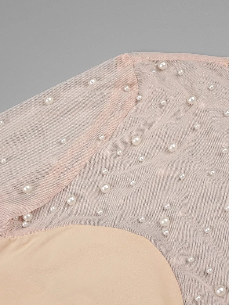 Mesh Pearl Beaded Bodysuits+Strapless Jumpsuit Two piece Sets Women White Jumpsuit Suits Evening