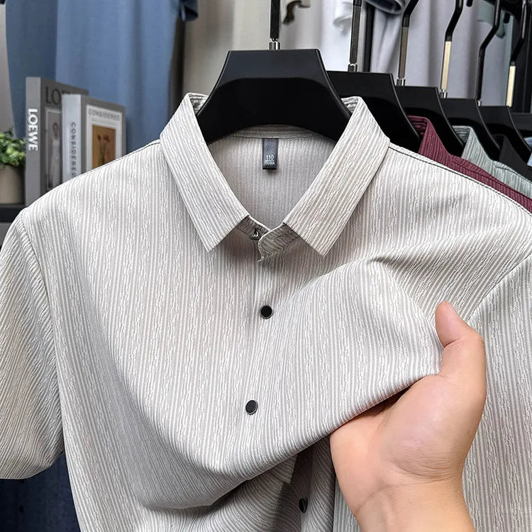 Men's Slim Fit Short Sleeve Dress Shirt Premium Spandex Stretch Fabric Solid Colors Business Casual