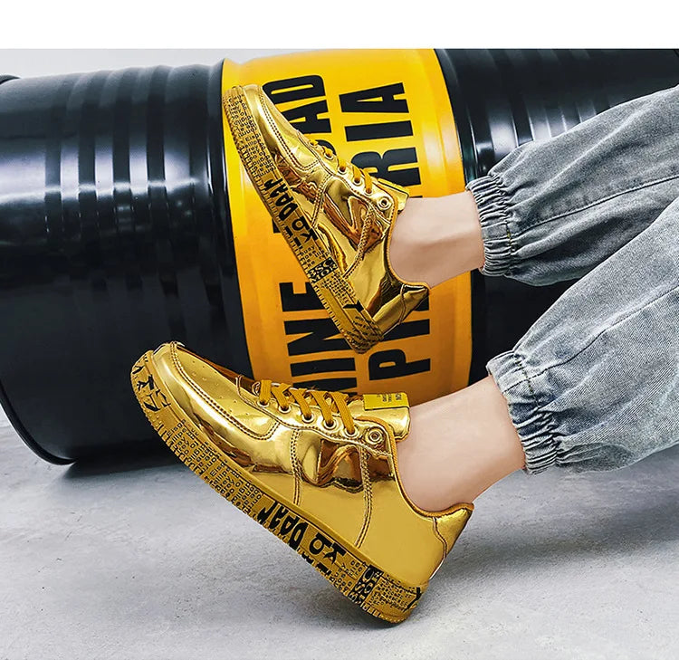 Brand Fashion Mirror Luxury Shoes for Men Women Glitter Leather Shoes Casual Men Golden