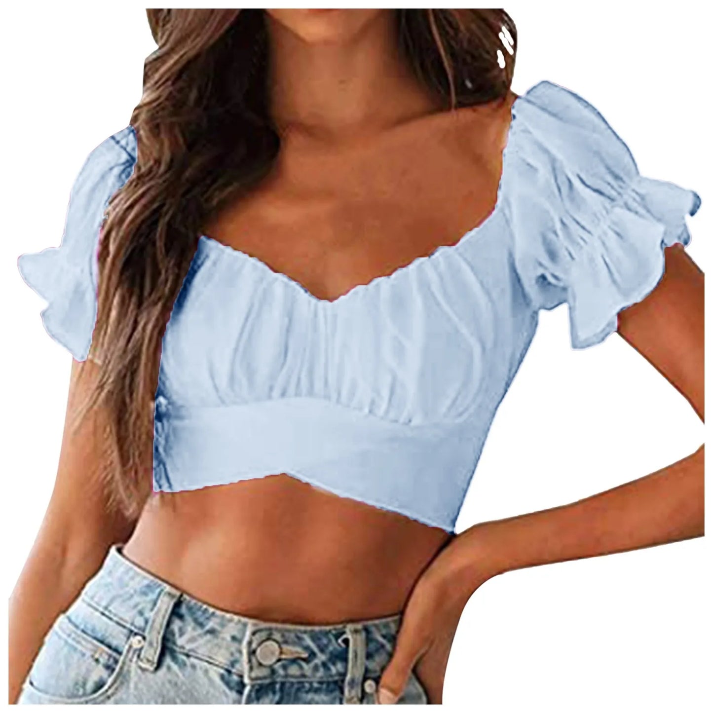 Deep V Neck Cropped Top Ruffled Short Sleeve Backless Tight Tank Top Watermelon Red / XL / United States Watermelon Red / S / United States