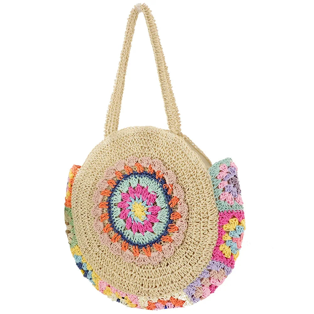 Woven Handbag Round Straw Woven Tote Bag Vacation Shoulder Bag Large Capacity