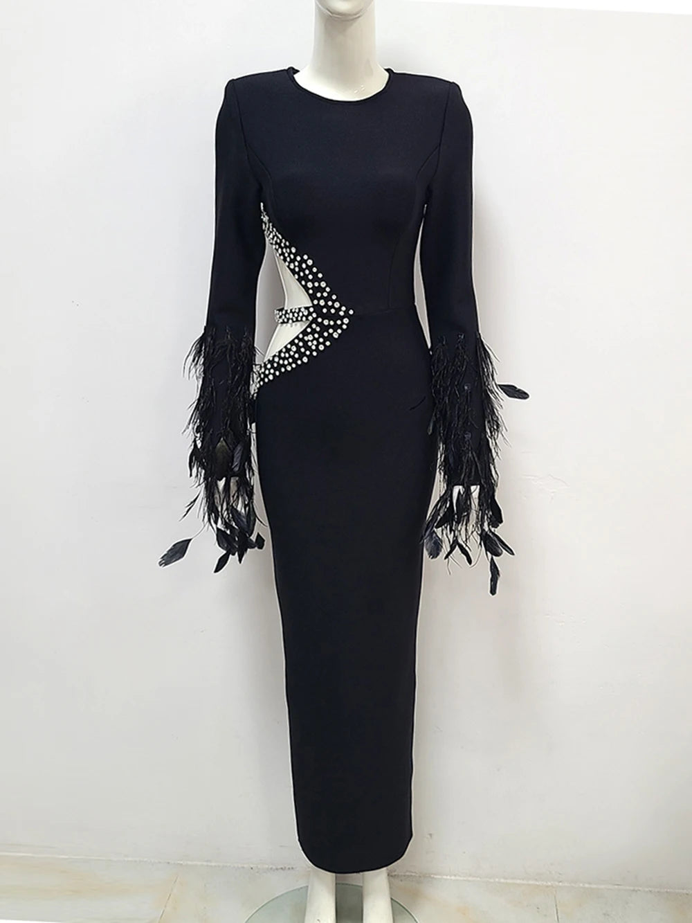 Feather hollow out Bandage Maxi Dress Diamond Long Sleeve Bodycon Long Dress