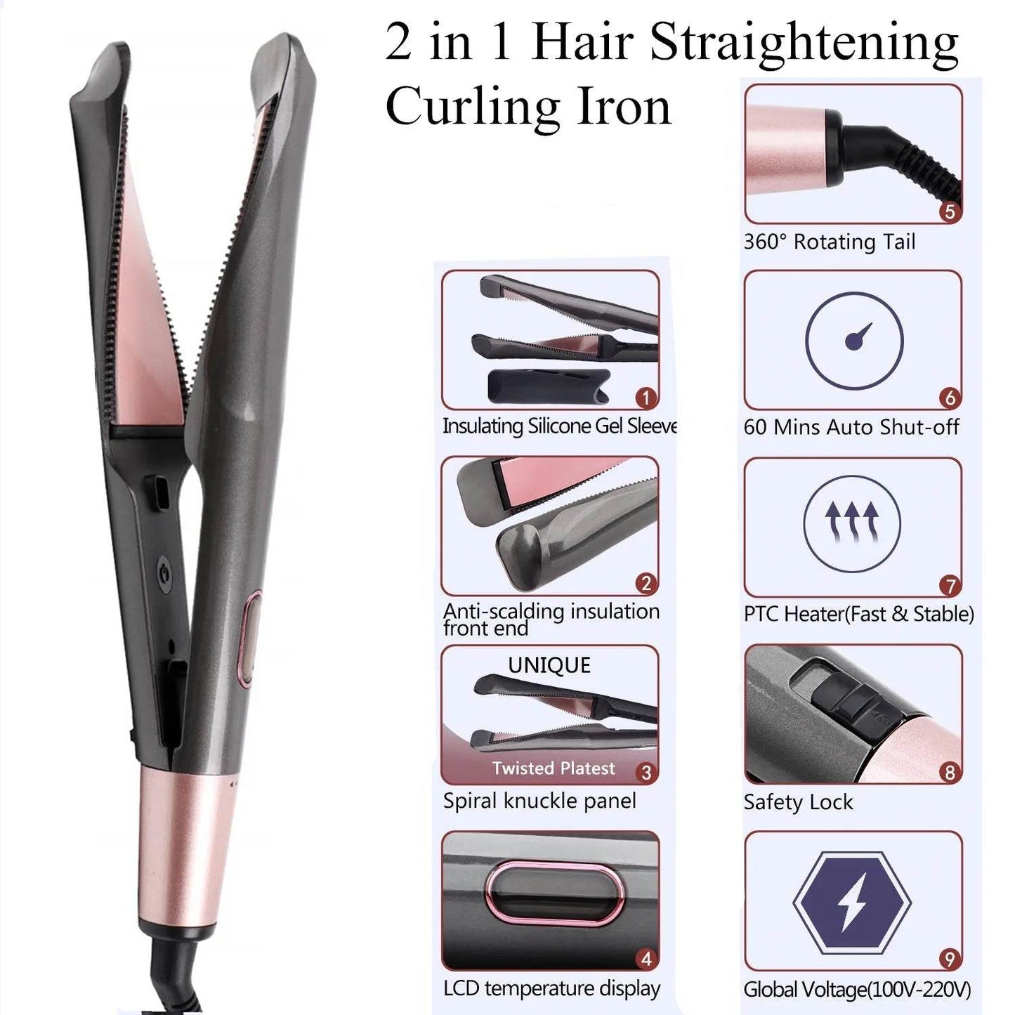 2 in 1 Hair Straightener And Curler Twist Straightening Curling Iron Professional Negative Ion Fast Heating Styling Flat Iron - Fashionqueene.com