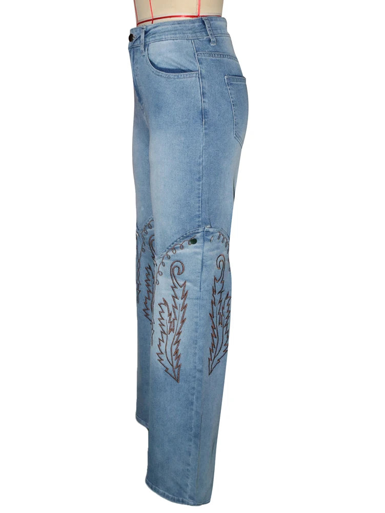 Embroidery Denim Trousers Casual High Waist Straight Leg Jeans Women
