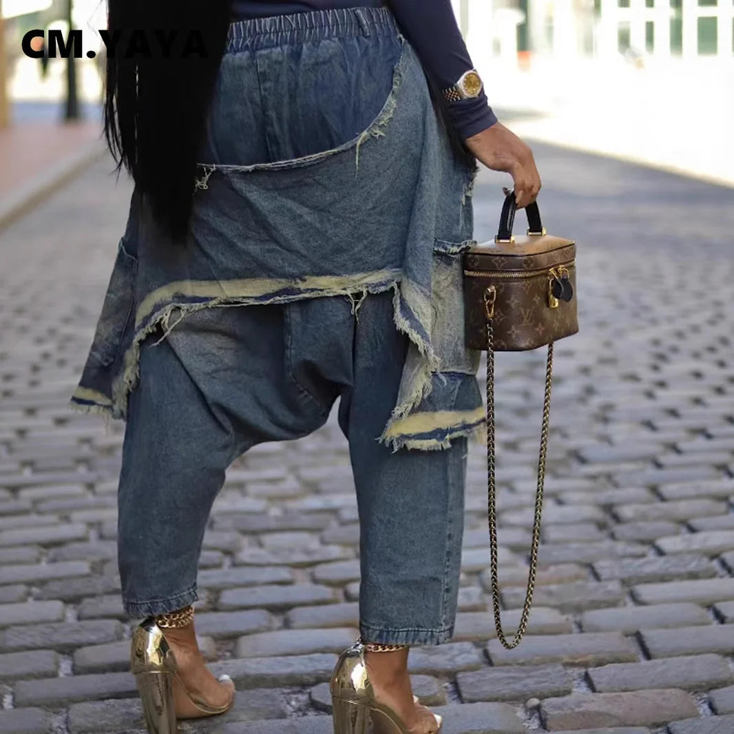 Women Streetwear Ripped Out Hole Denim Pants Loose Safari Style Cargo Harem