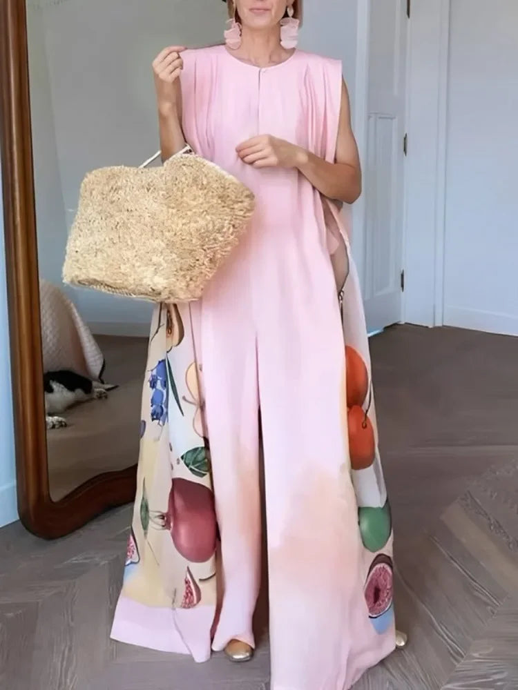 Sleeveless Wide Leg Jumpsuits Elegant Fruit Printed Urban Casual Going Out Outfits