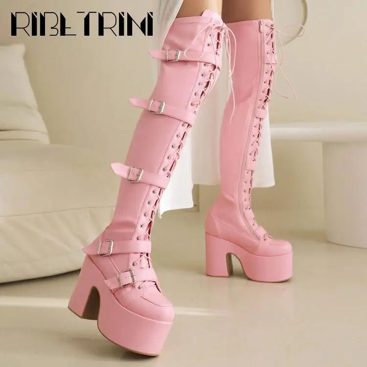 Goth Women Motorcycle Boots Block High Heels Platform Cool Street Boots