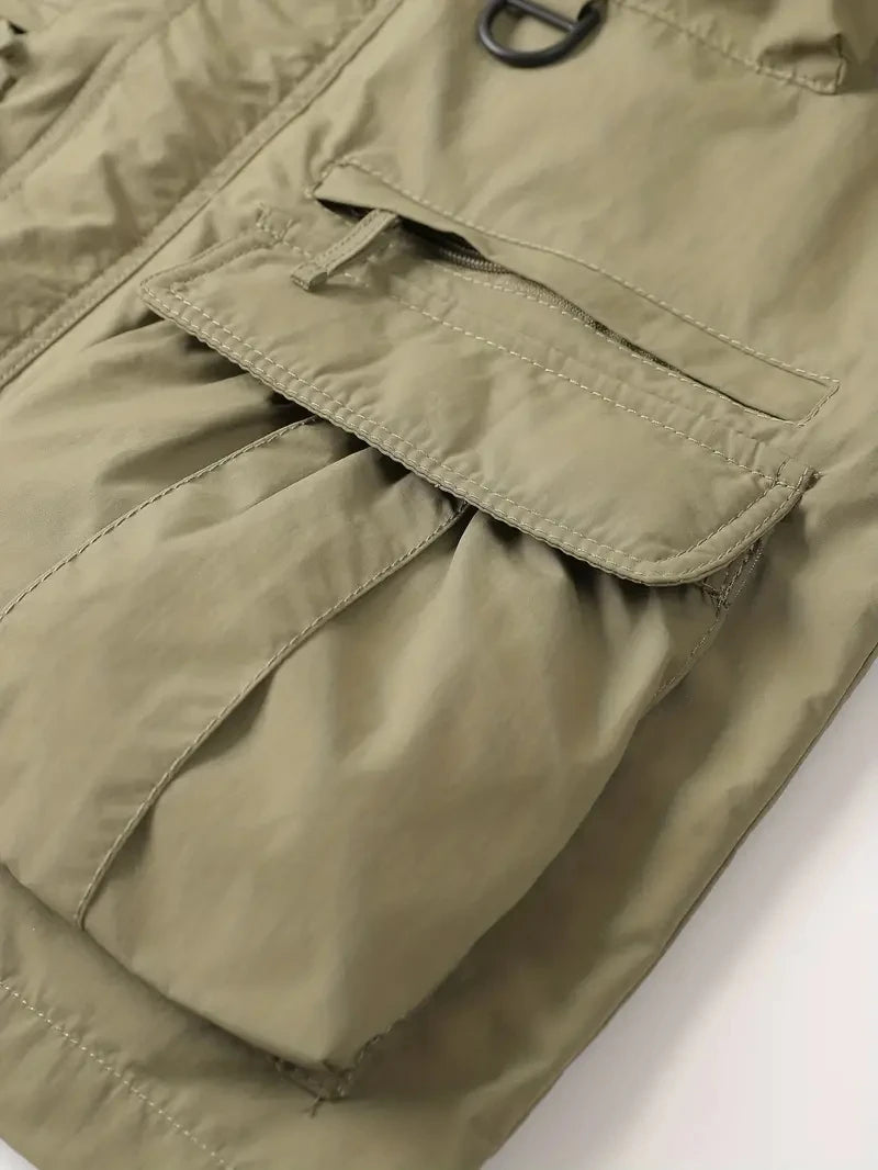 Detachable windproof sleeved hooded jacket suitable for outdoor activities men's casual waterproof multi pocket jacket vest