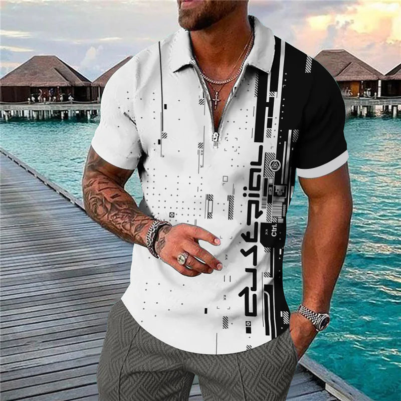 Men's 3D Flag Pattern Printed Short Sleeve POLO Shirt Zipper Men's T-Shirt