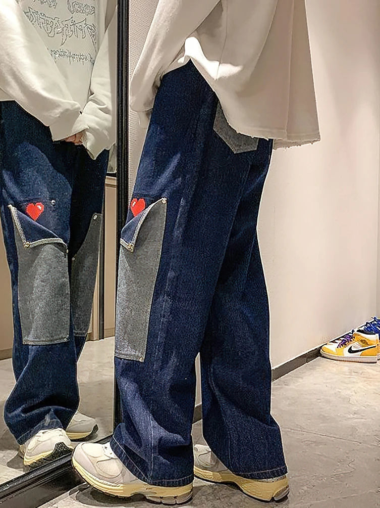 Wide Leg Baggy Cargo Jeans Pants Men Heart Oversize Straight Casual Denim Long Trousers Streetwear